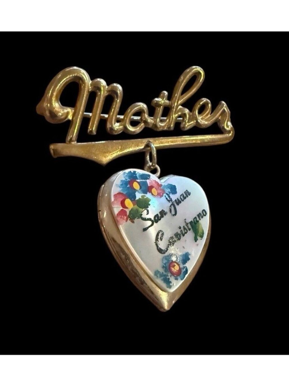Vintage Mother Sweetheart Brooch Heart Locket San Juan Capistrano Dangle Pin 2"